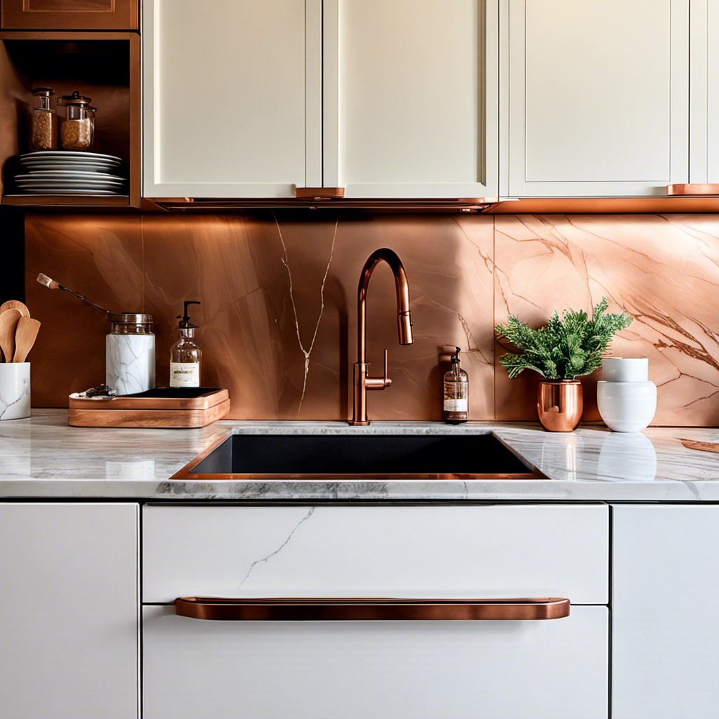 copper accents on a marble backsplash