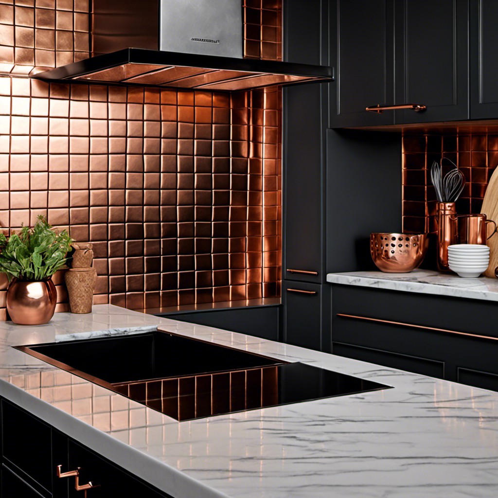 copper backsplash with black grout