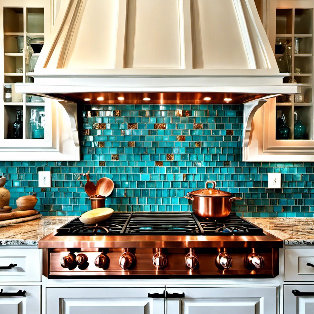 copper backsplash with turquoise highlights