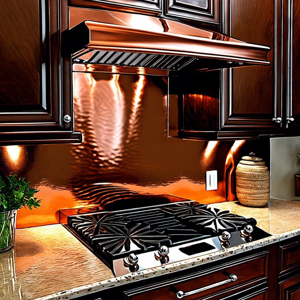 copper tile backsplash with a mirrored finish