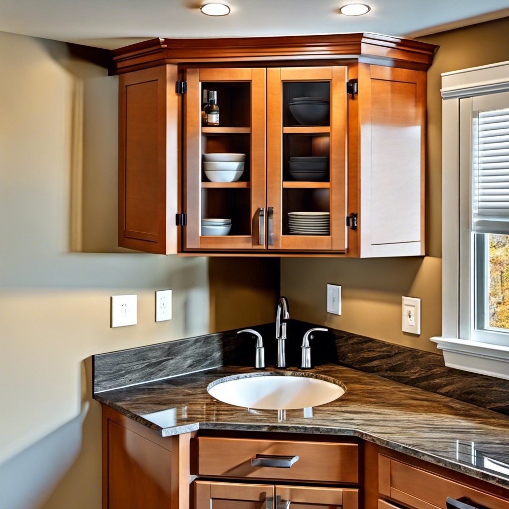 corner sink cabinet with granite countertop