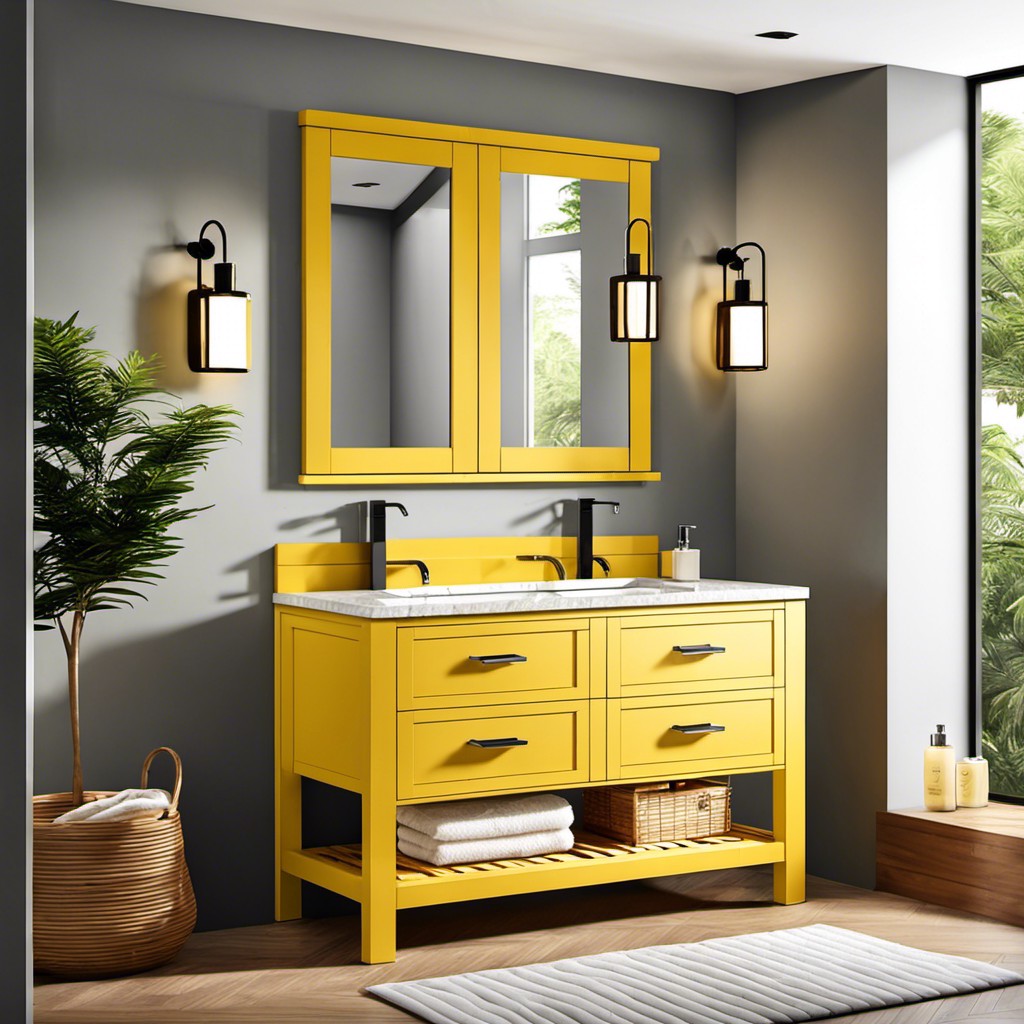 custom built yellow wooden vanity