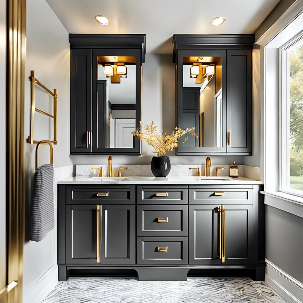 dark charcoal gray cabinets with gold hardware
