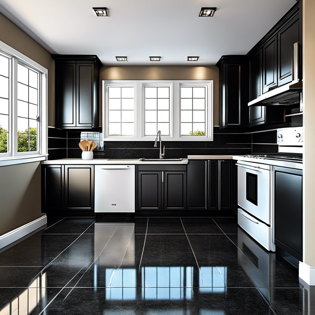 dark granite floors with steel appliances