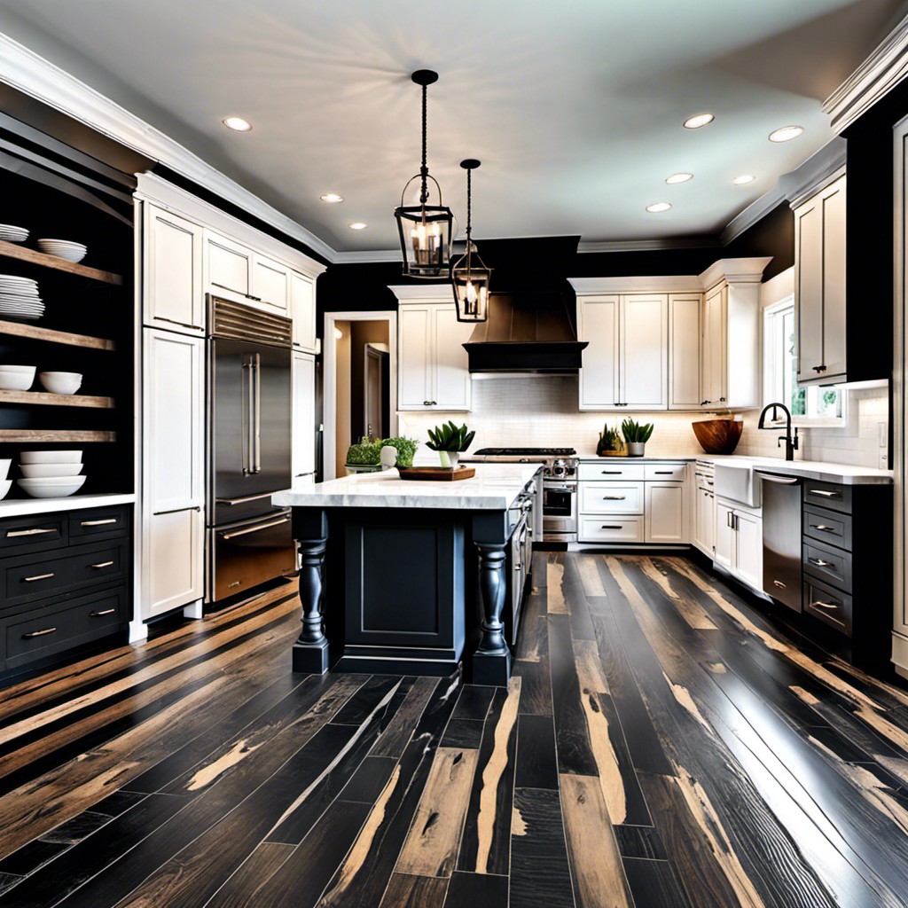 distressed black wood flooring with white countertops