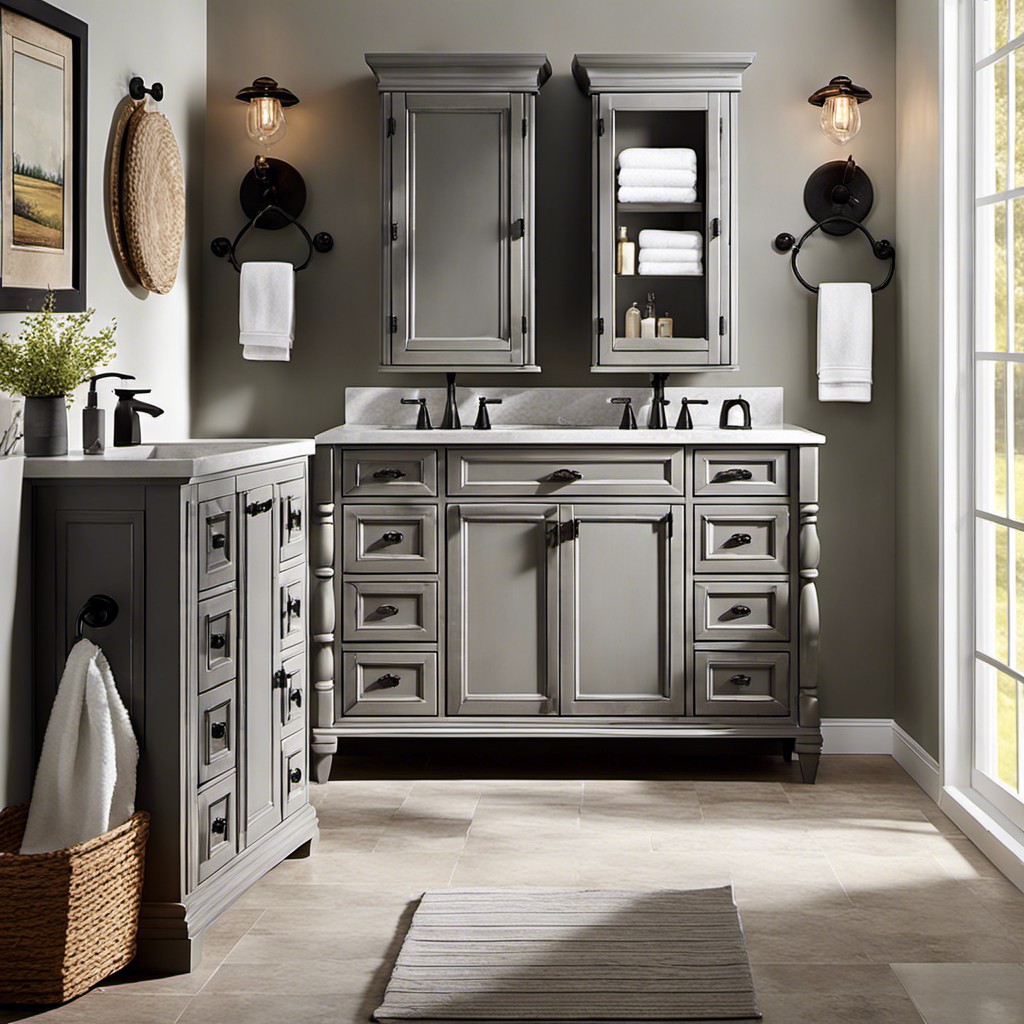 distressed gray cabinets for a farmhouse style bathroom