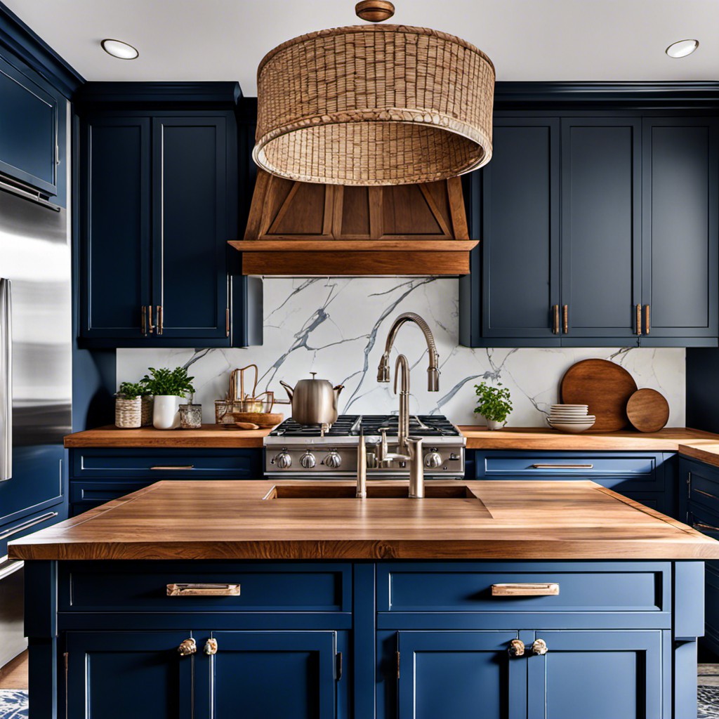 distressed navy cabinets with a lightly stained oak countertop