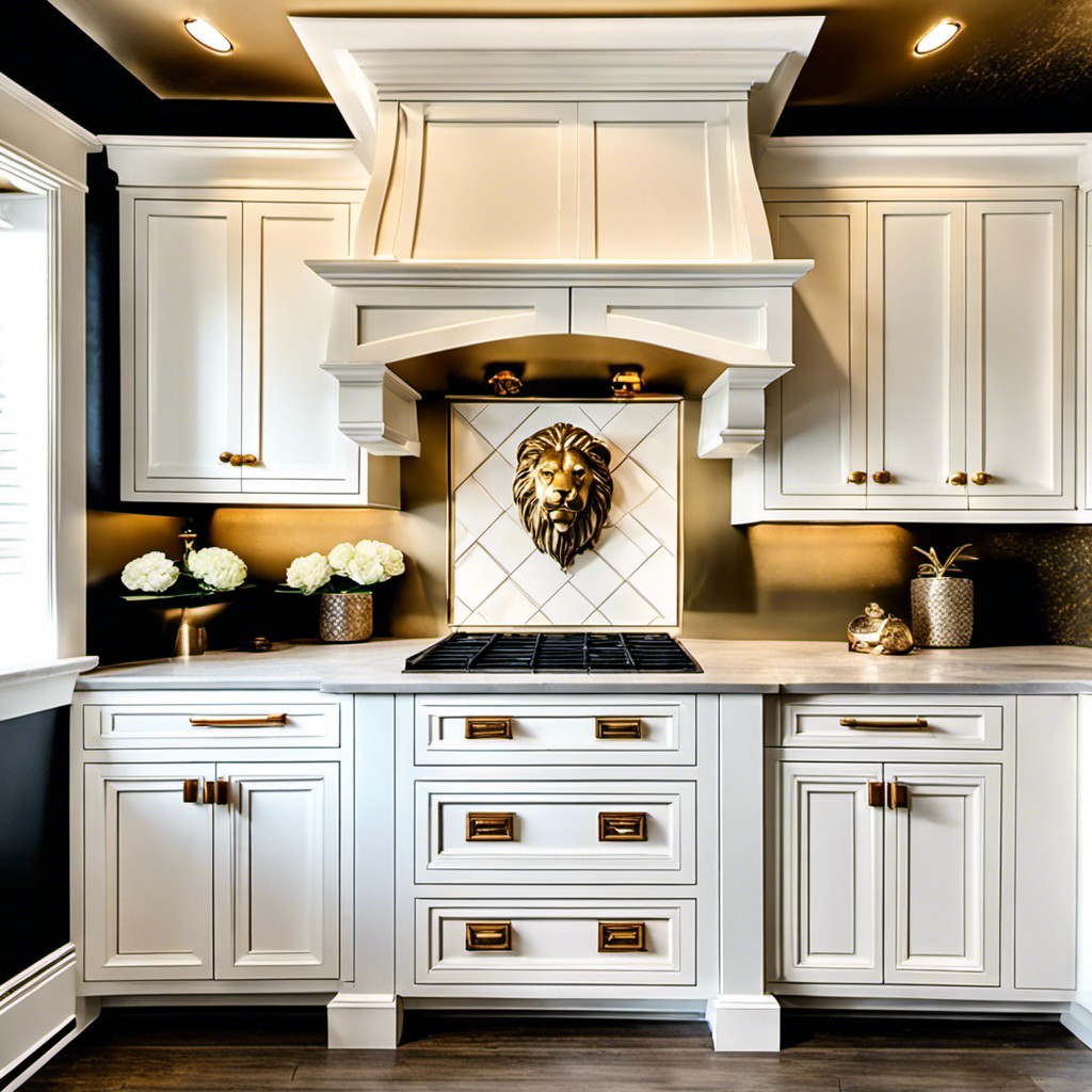 distressed white cabinets with gold lion head knobs