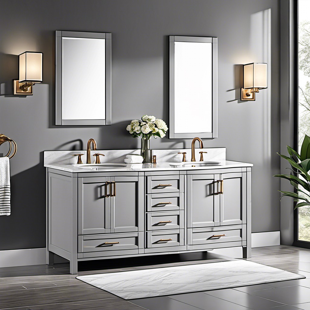 dove gray vanity cabinets with double sinks