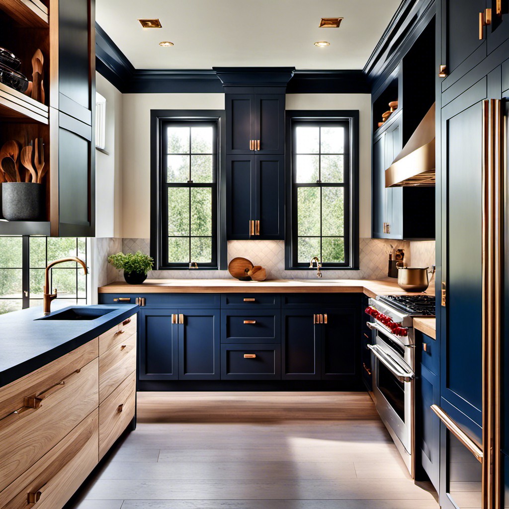 dual toned navy cabinets with a grey tinged ash wood countertop