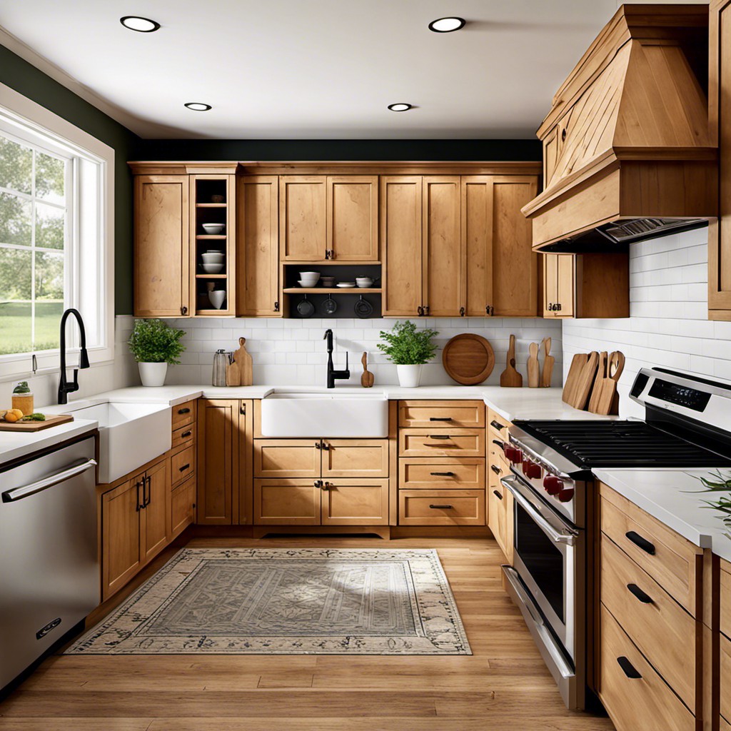 farmhouse style kitchen with honey maple cabinets