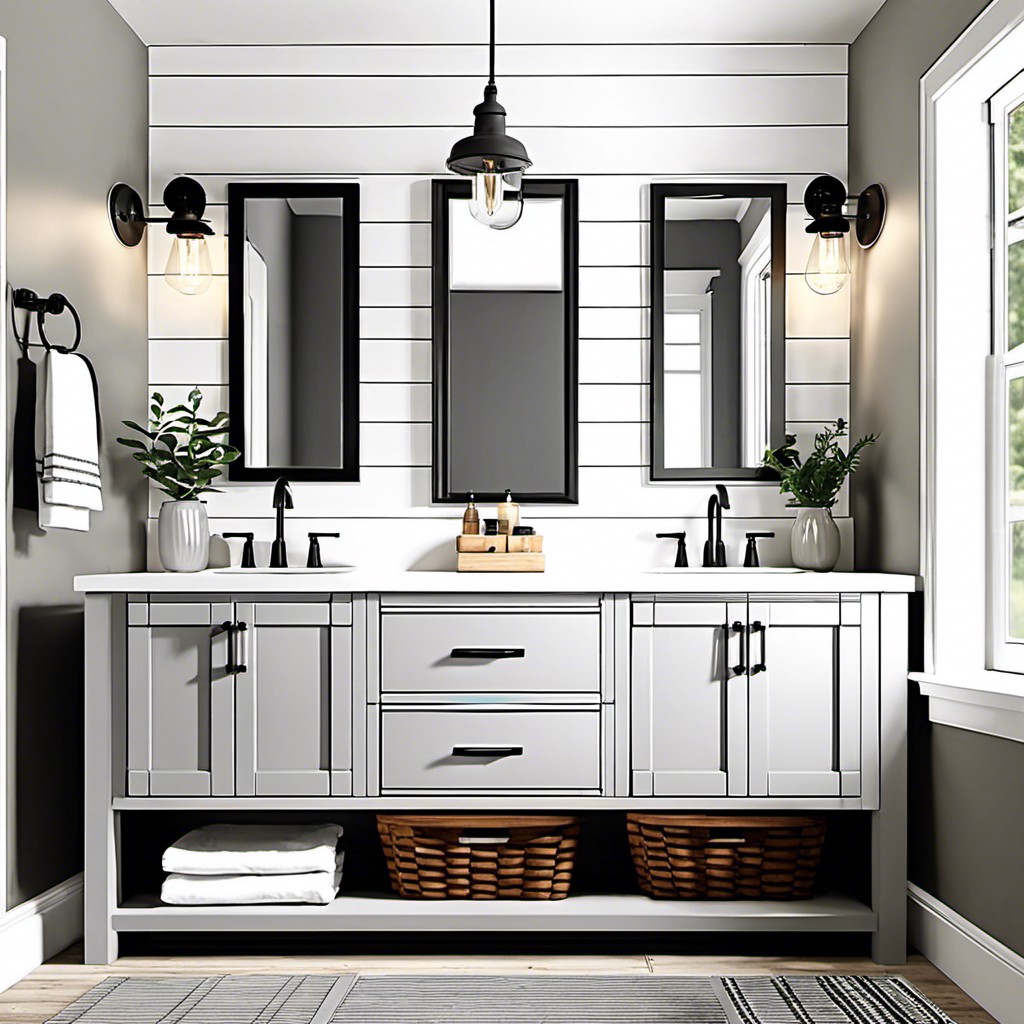 farmhouse style light gray vanity with shiplap backsplash