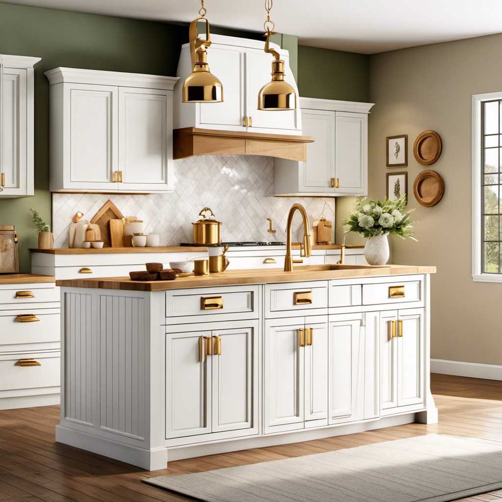 farmhouse style white cabinets with gold cup handles