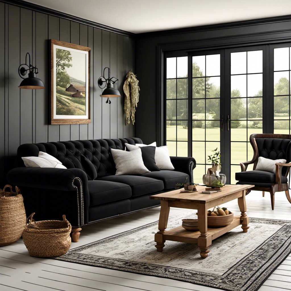 farmhouse style with a black sofa