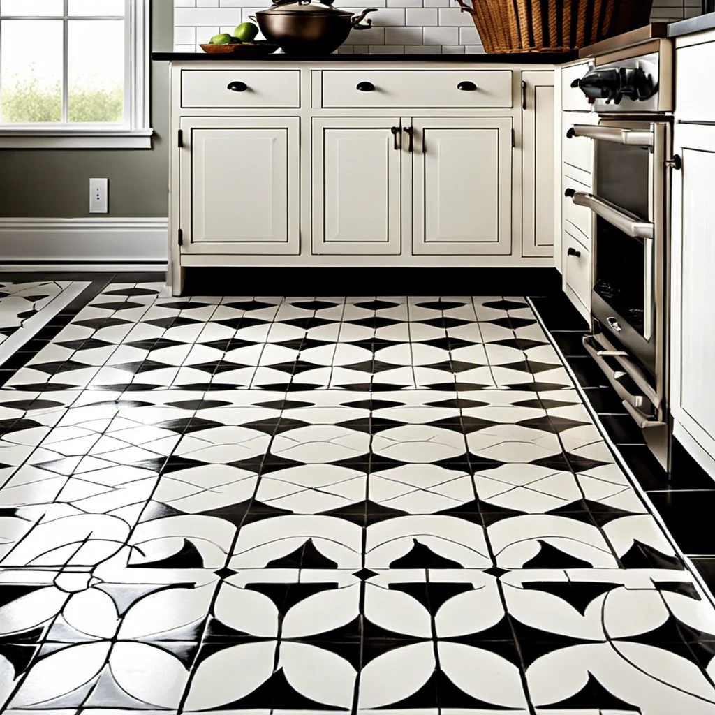 faux white tile floor with black stenciled motifs