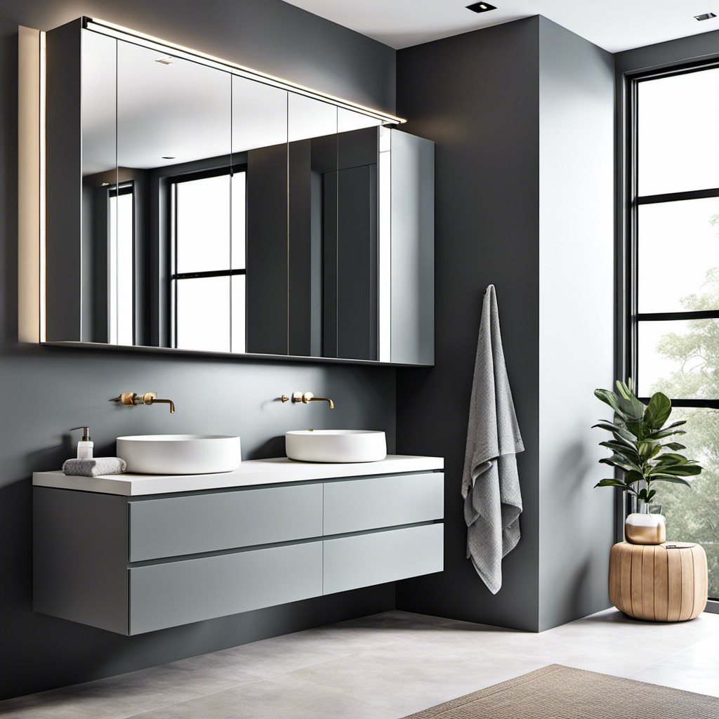 floating gray cabinets for a minimalist bathroom
