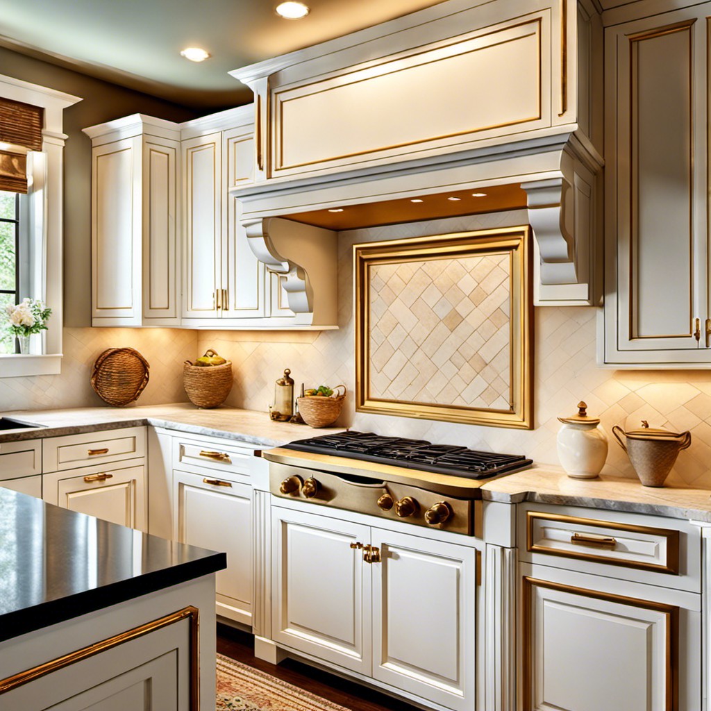 french country white cabinets with gold swing pulls