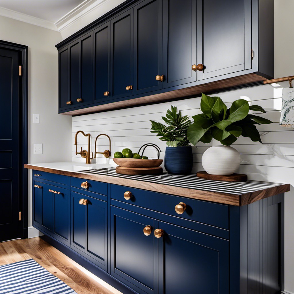 french navy blue cabinets with a two toned striped wood countertop
