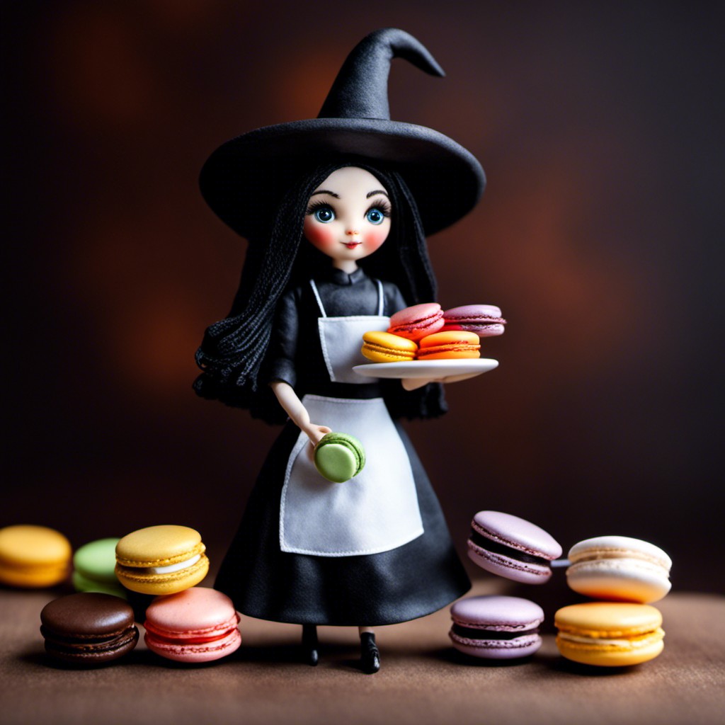 french pastry chef witch doll with mini macarons