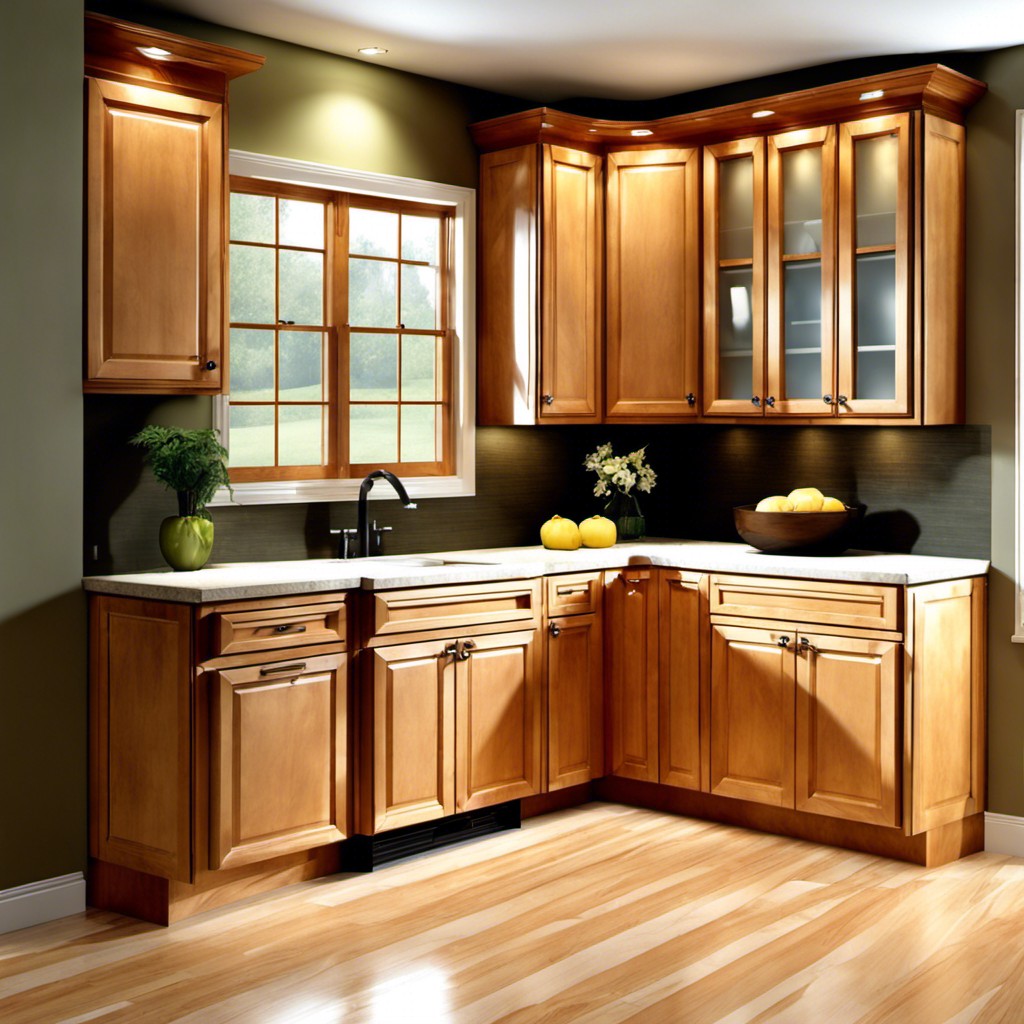 frosted glass inserts in honey maple cabinets