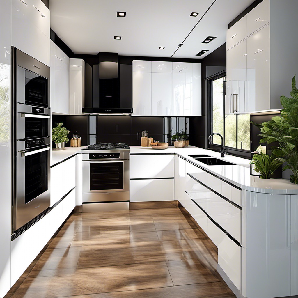 g shaped layout with high gloss cabinets