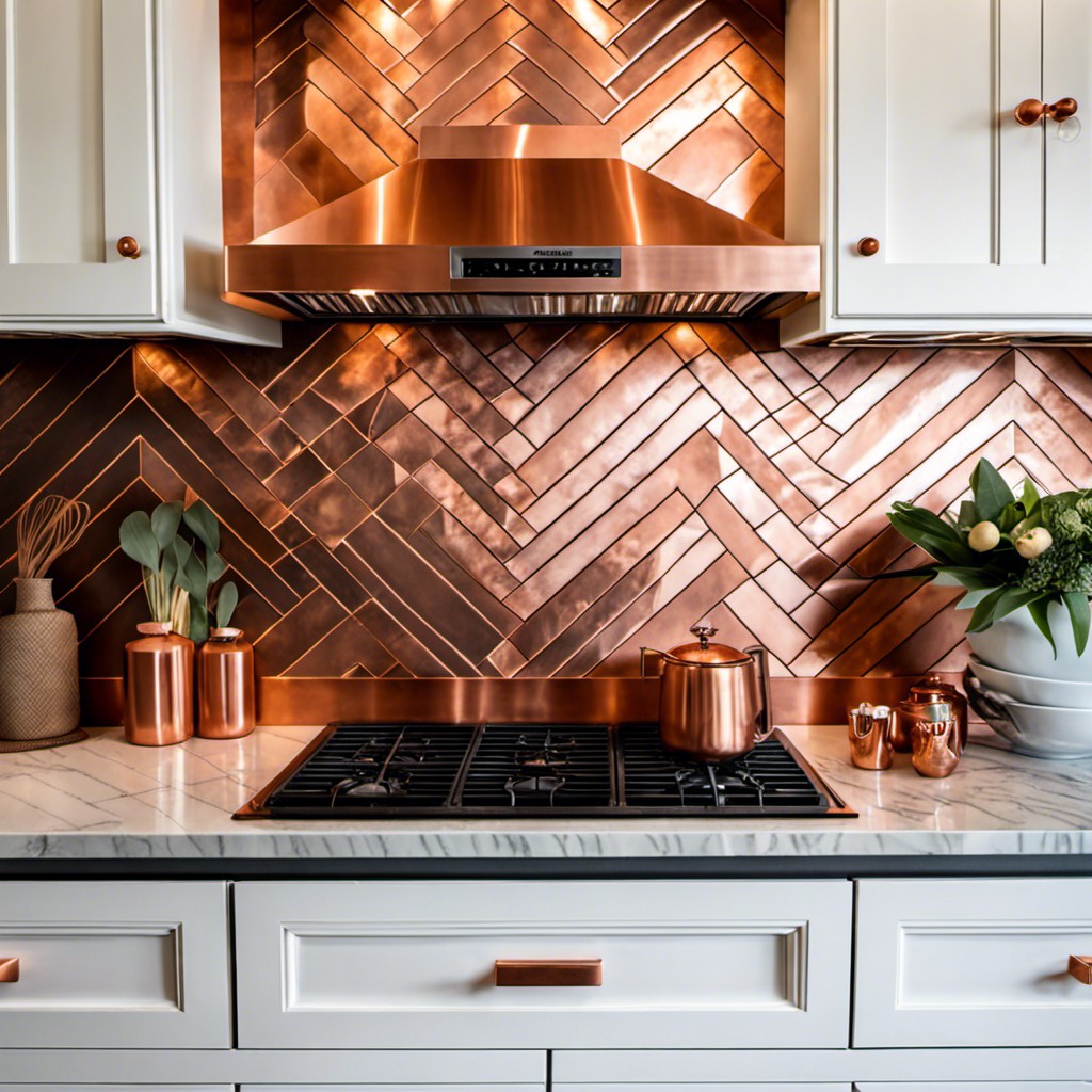 geometric copper patterned backsplash