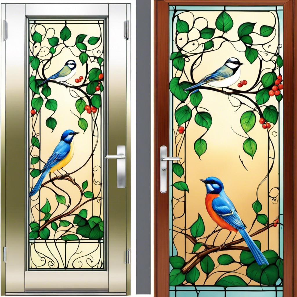 glass door with painted vines and birds