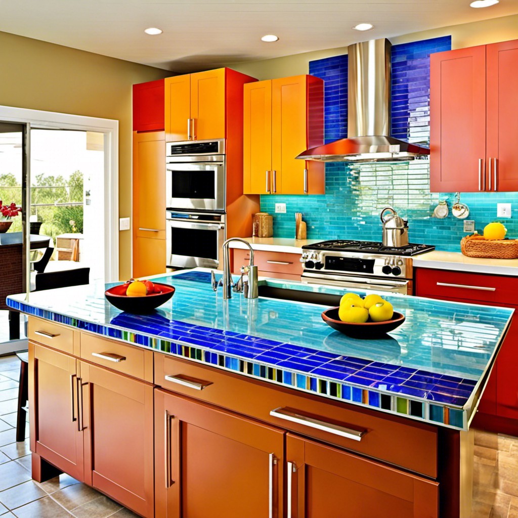 glass tile island in bright colors