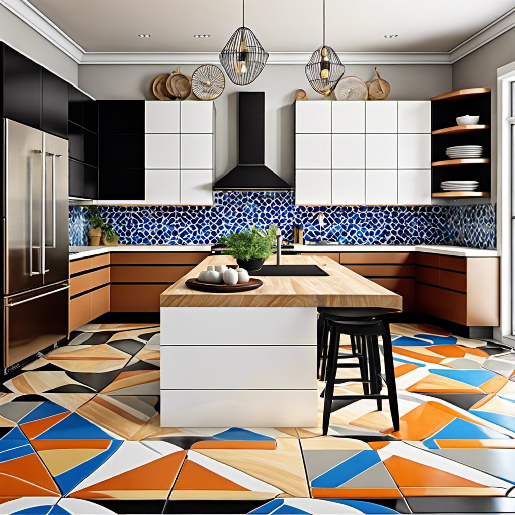 glazed tile island in bold geometric pattern