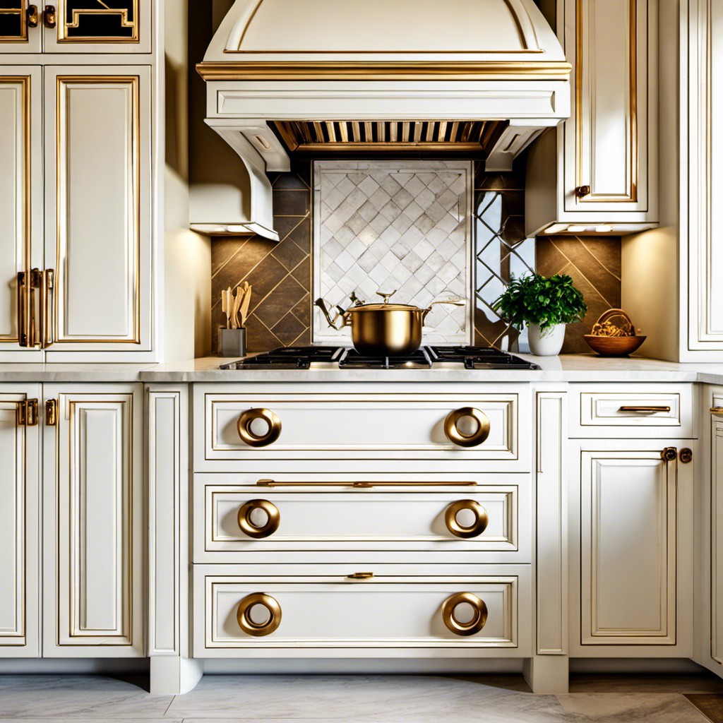 glazed white cabinets with gold ring pulls
