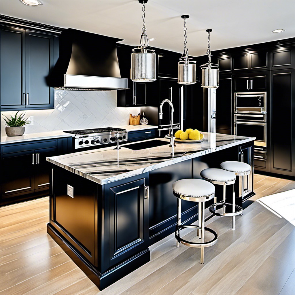 glossy black island with chrome fixtures