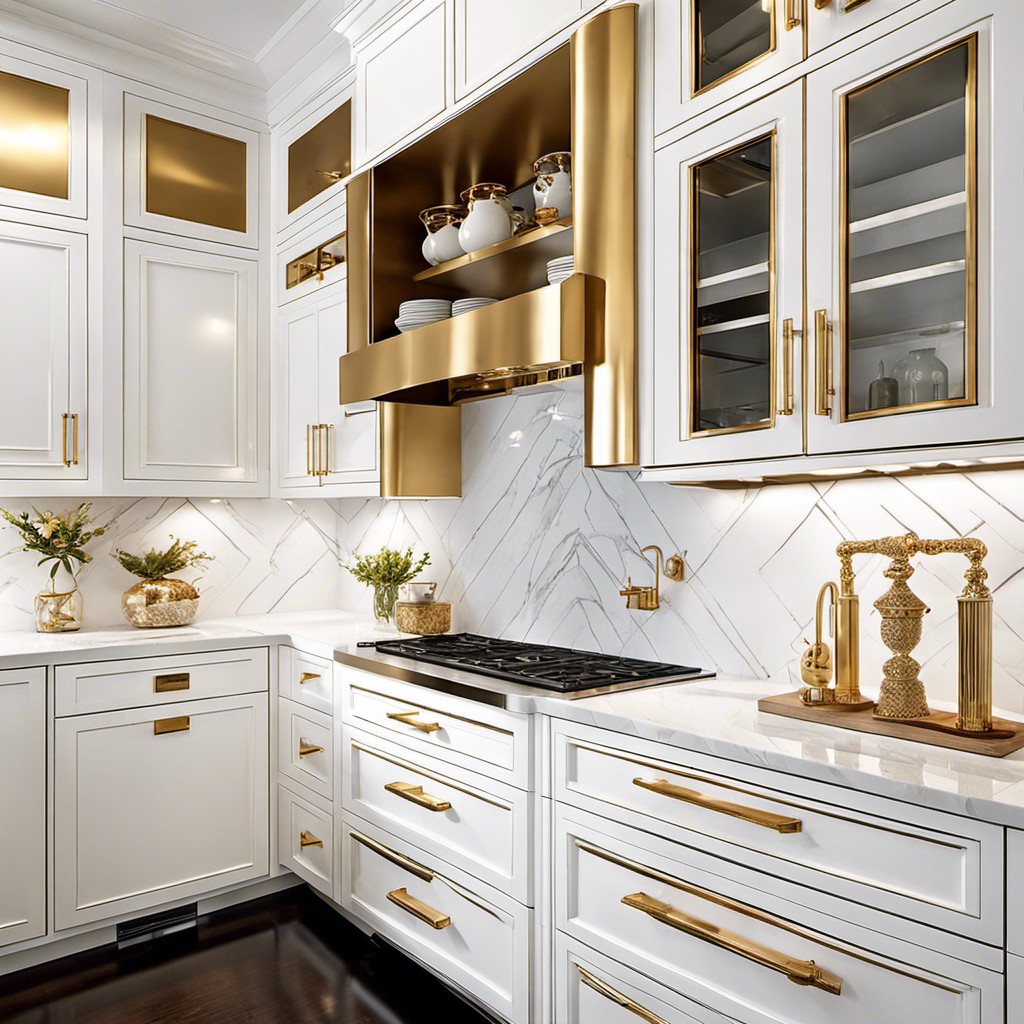 glossy white cabinets with intricate gold hardware