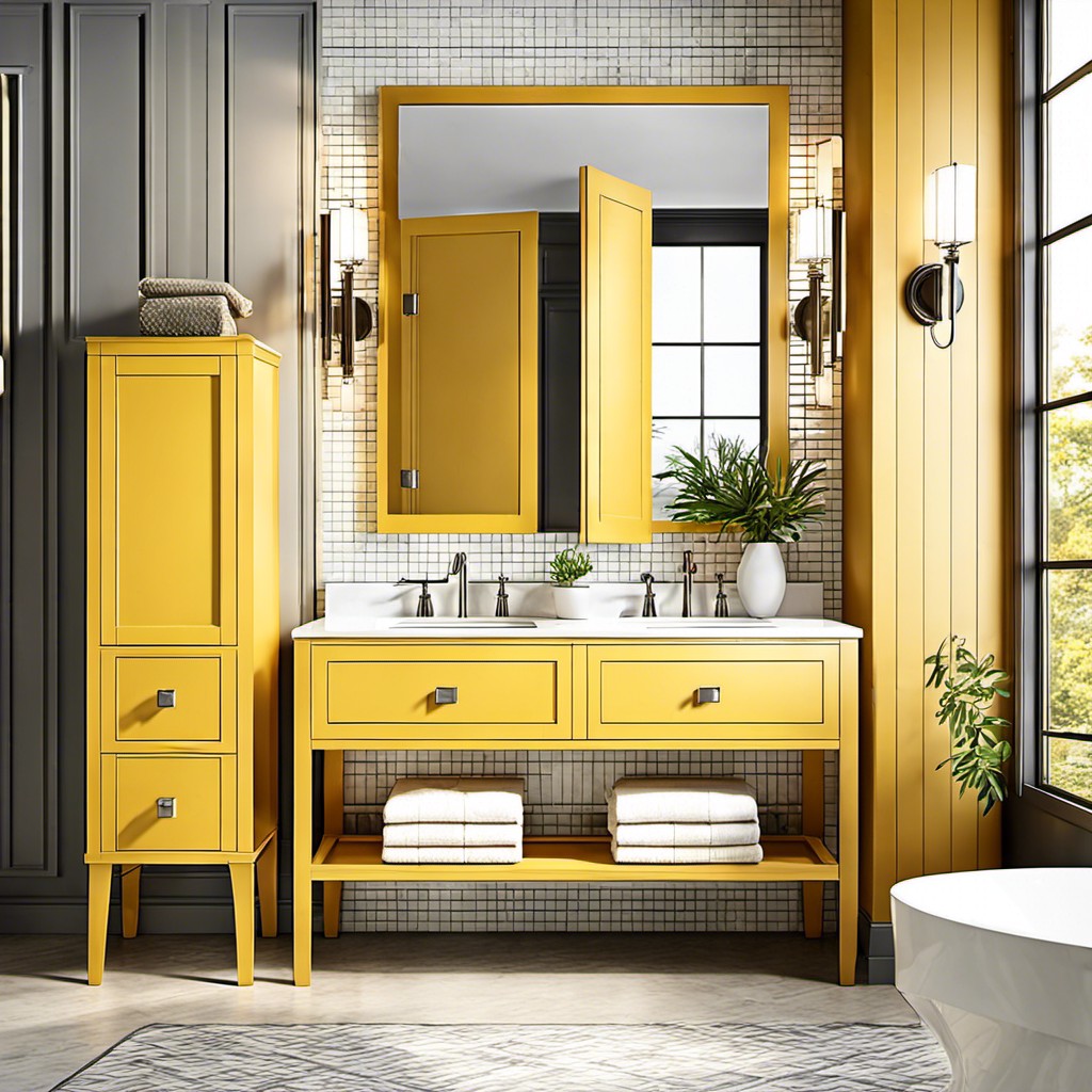 golden yellow vanity with a brushed nickel faucet
