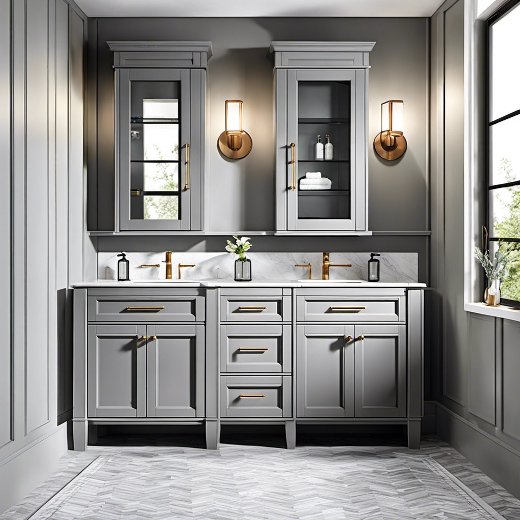 gray bathroom cabinets with glass doors