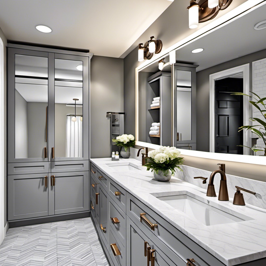 gray cabinets with built in mirrors