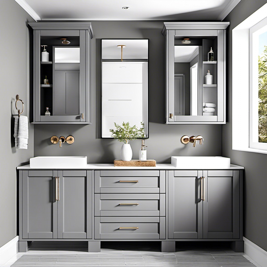 gray cabinets with contrasting white vessel sinks