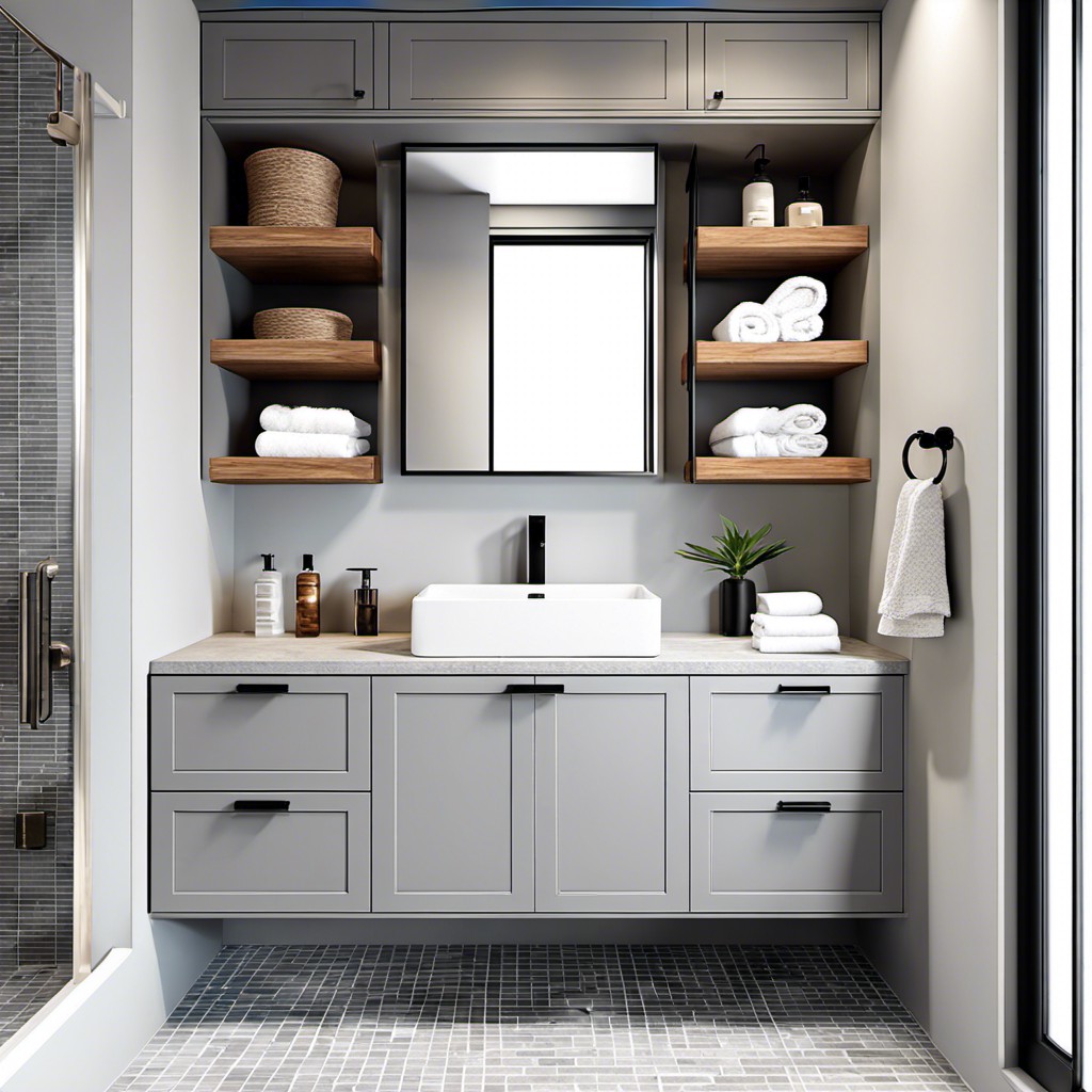 gray cabinets with open shelving for storage
