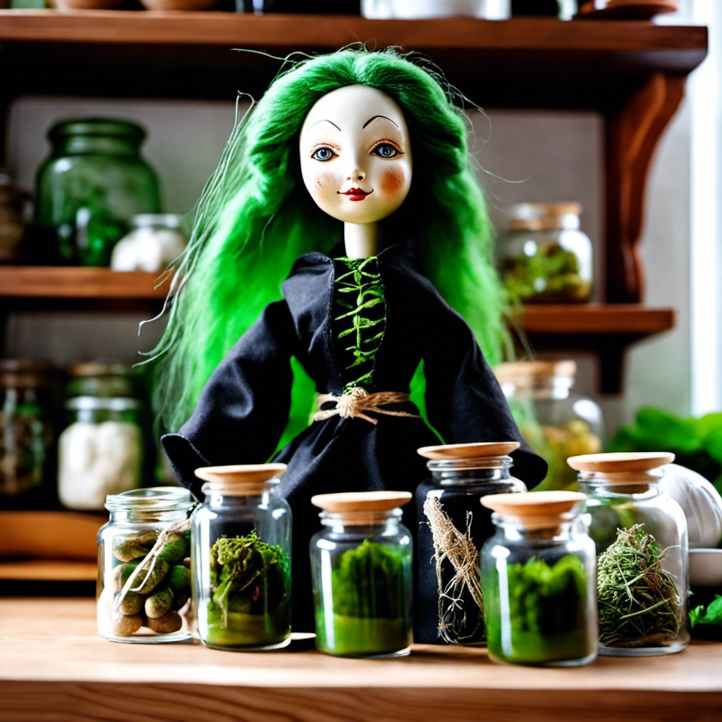 green herbalist witch doll with glass jars