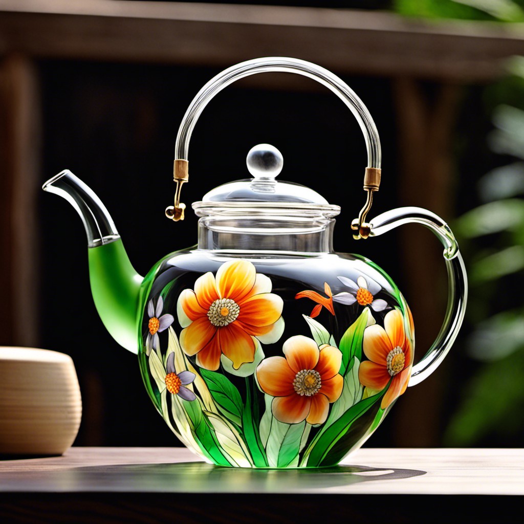 hand painted glass teapot with floral design