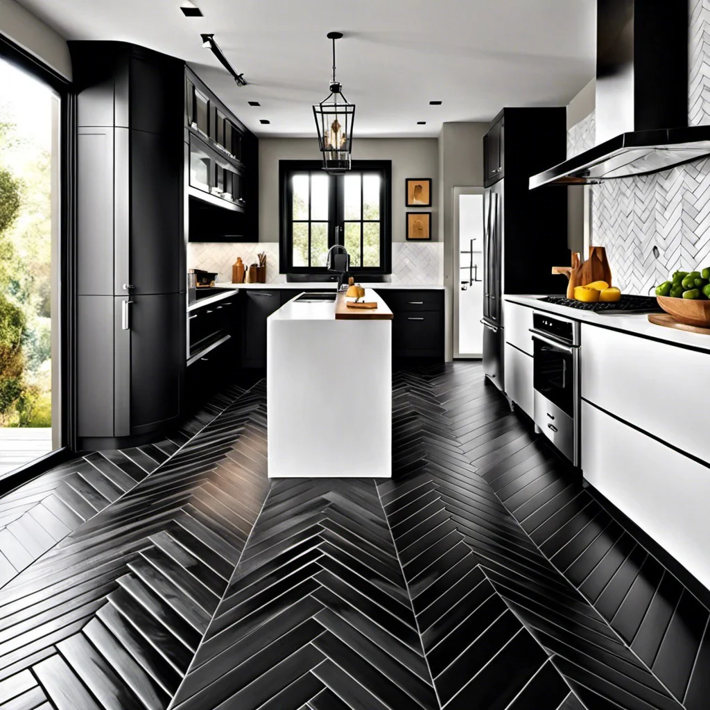 herringbone black tile flooring