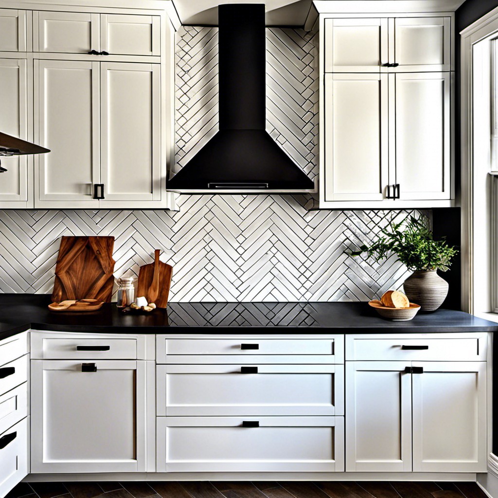 herringbone pattern black tile backsplash