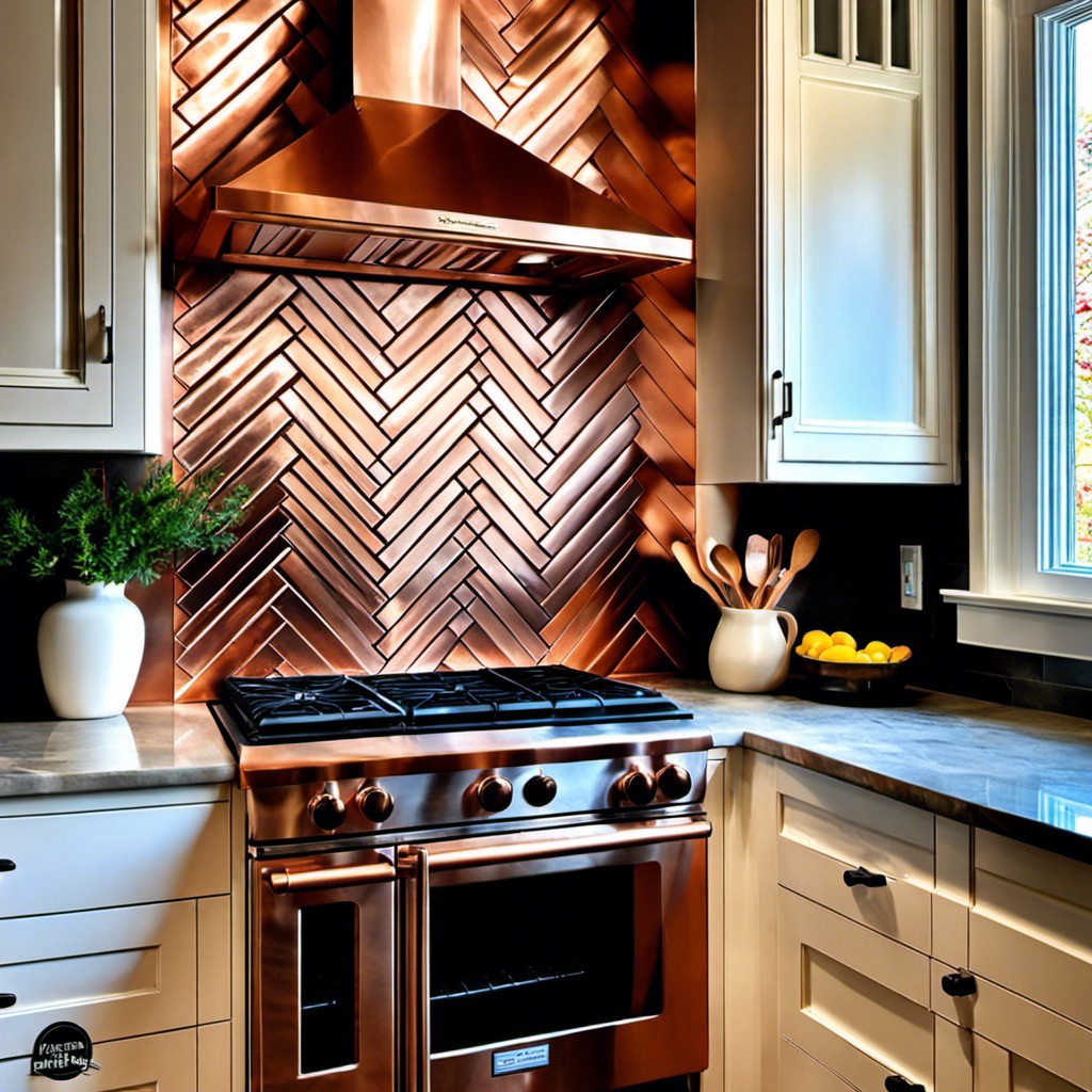 herringbone pattern copper tile backsplash