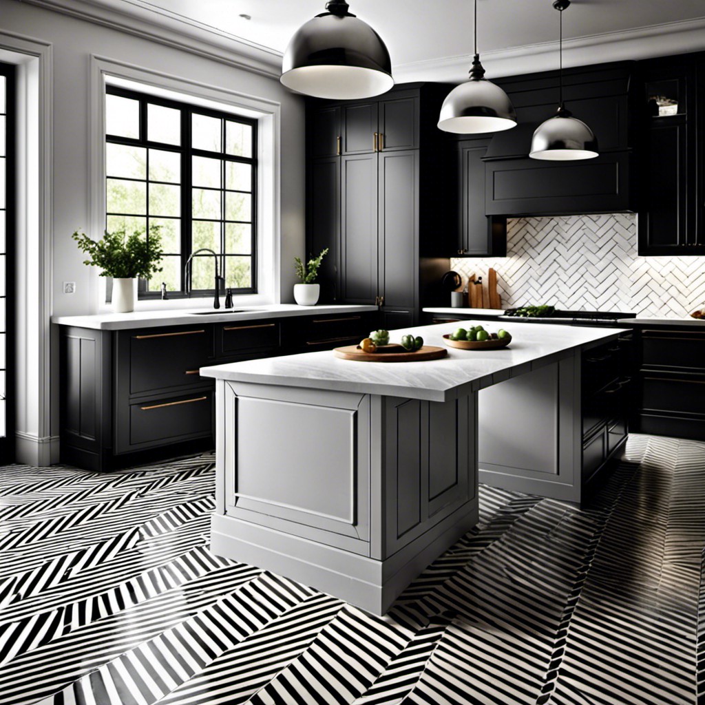 herringbone patterned black and white tiles