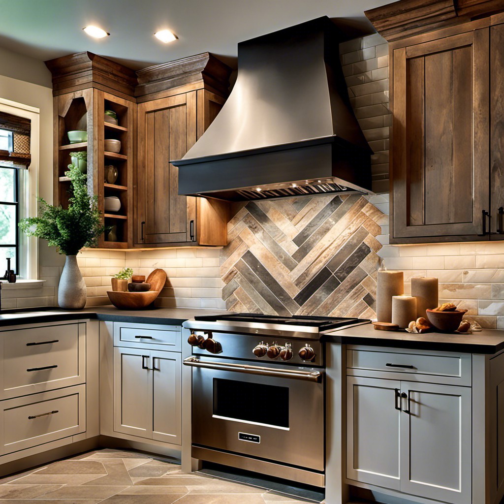 herringbone stone tile backsplash