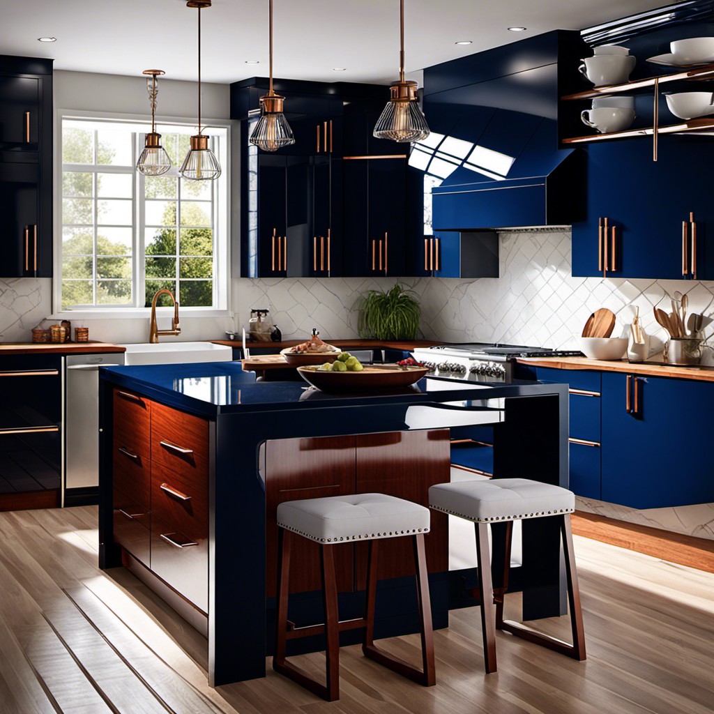 high gloss navy blue cabinets with a cherry wood countertop