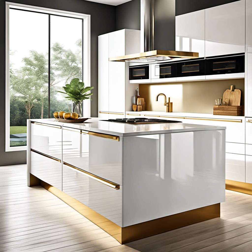 high gloss white cabinets with gold square handles