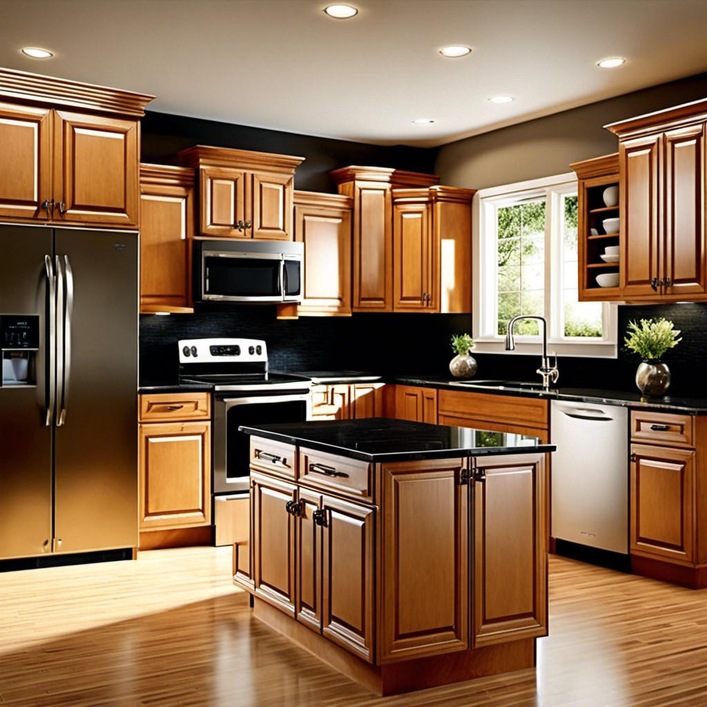 honey maple cabinets with black granite countertops