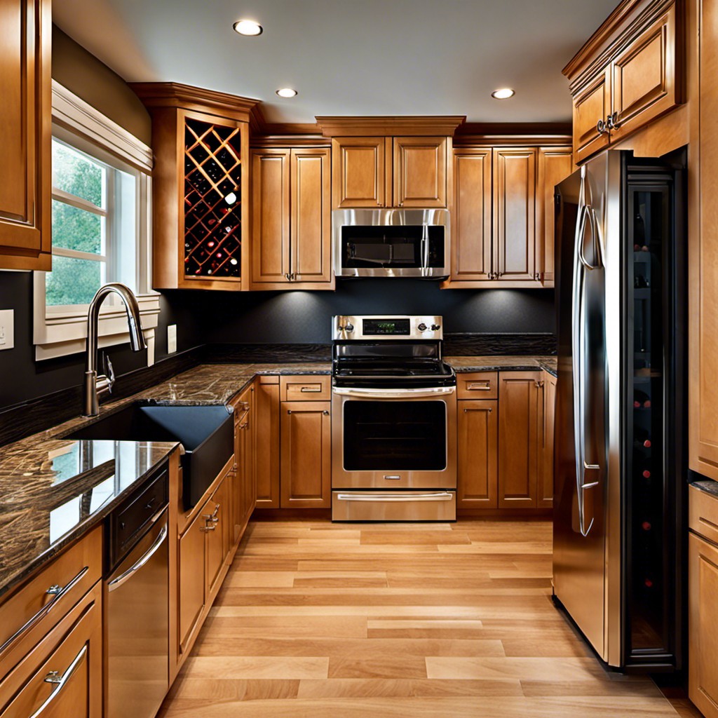 honey maple cabinets with built in wine rack