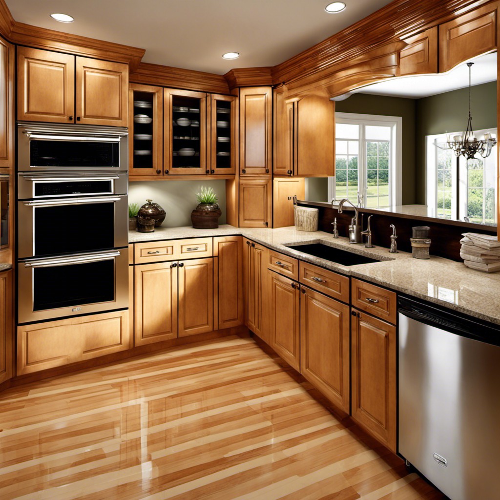 honey maple cabinets with glass front doors