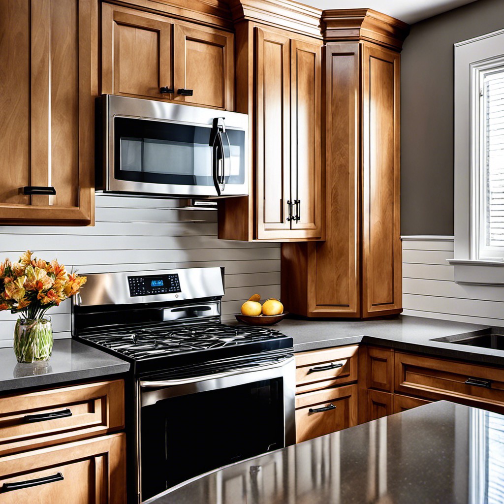 honey maple cabinets with gray quartz countertops